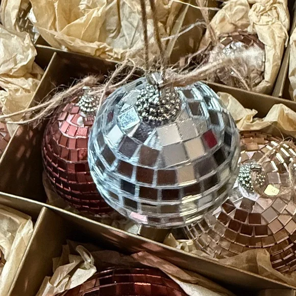 Crate&Barrel Rosy Red, Silver, Pink Disco Ball Ornaments Set 12 - Picture 13 of 14